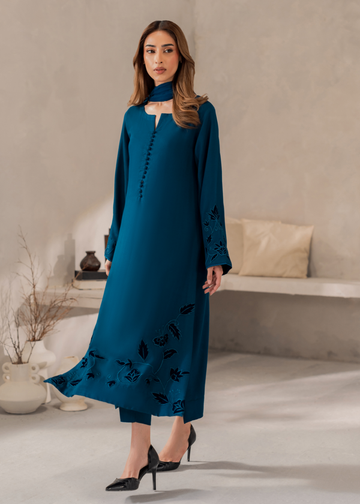 Zyra – Teal Embroidered Linen 3-Piece Set