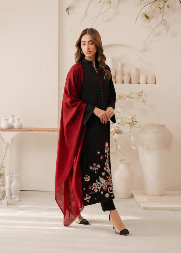 Mehrbano – Black & Crimson Stitched 3 Piece Suit