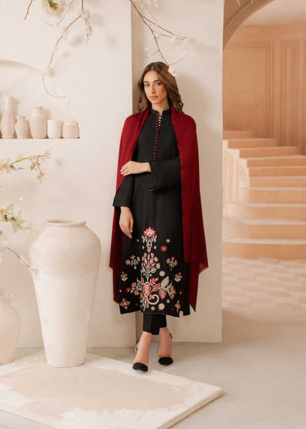Mehrbano – Black & Crimson Stitched 3 Piece Suit