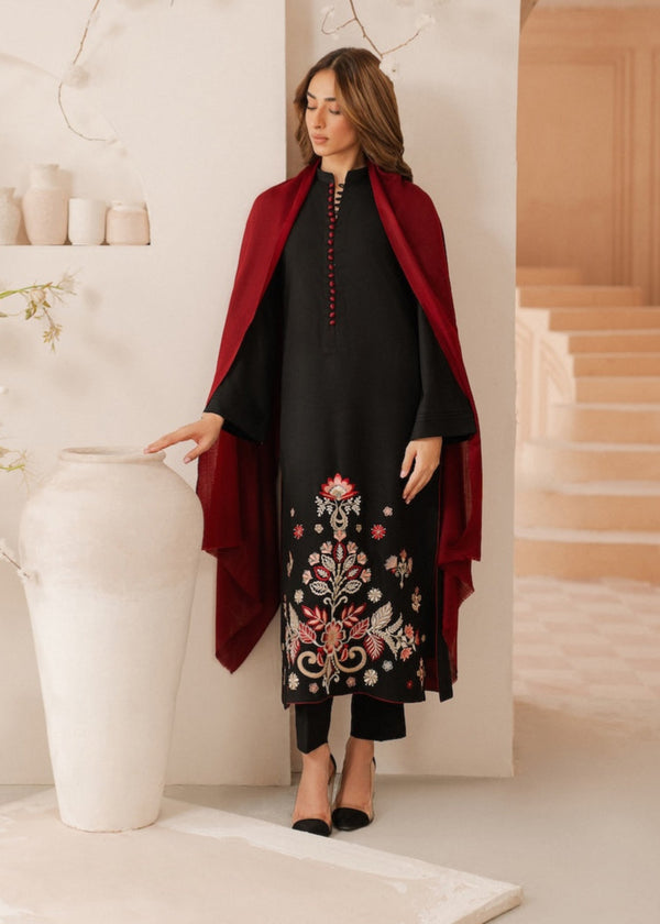 Mehrbano – Black & Crimson Stitched 3 Piece Suit