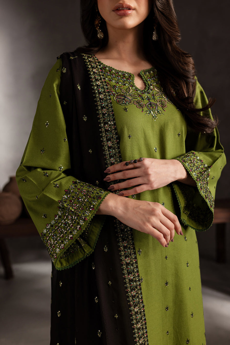 Mehrun – Olive Stitched 3 Piece Embroidered Suit