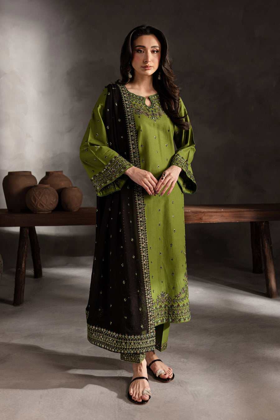 Mehrun – Olive Stitched 3 Piece Embroidered Suit