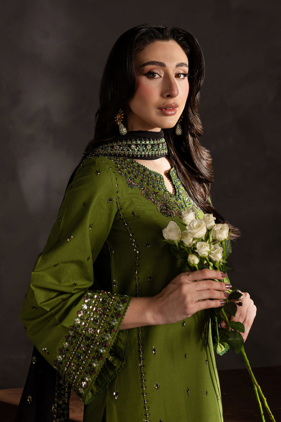 Mehrun – Olive Stitched 3 Piece Embroidered Suit