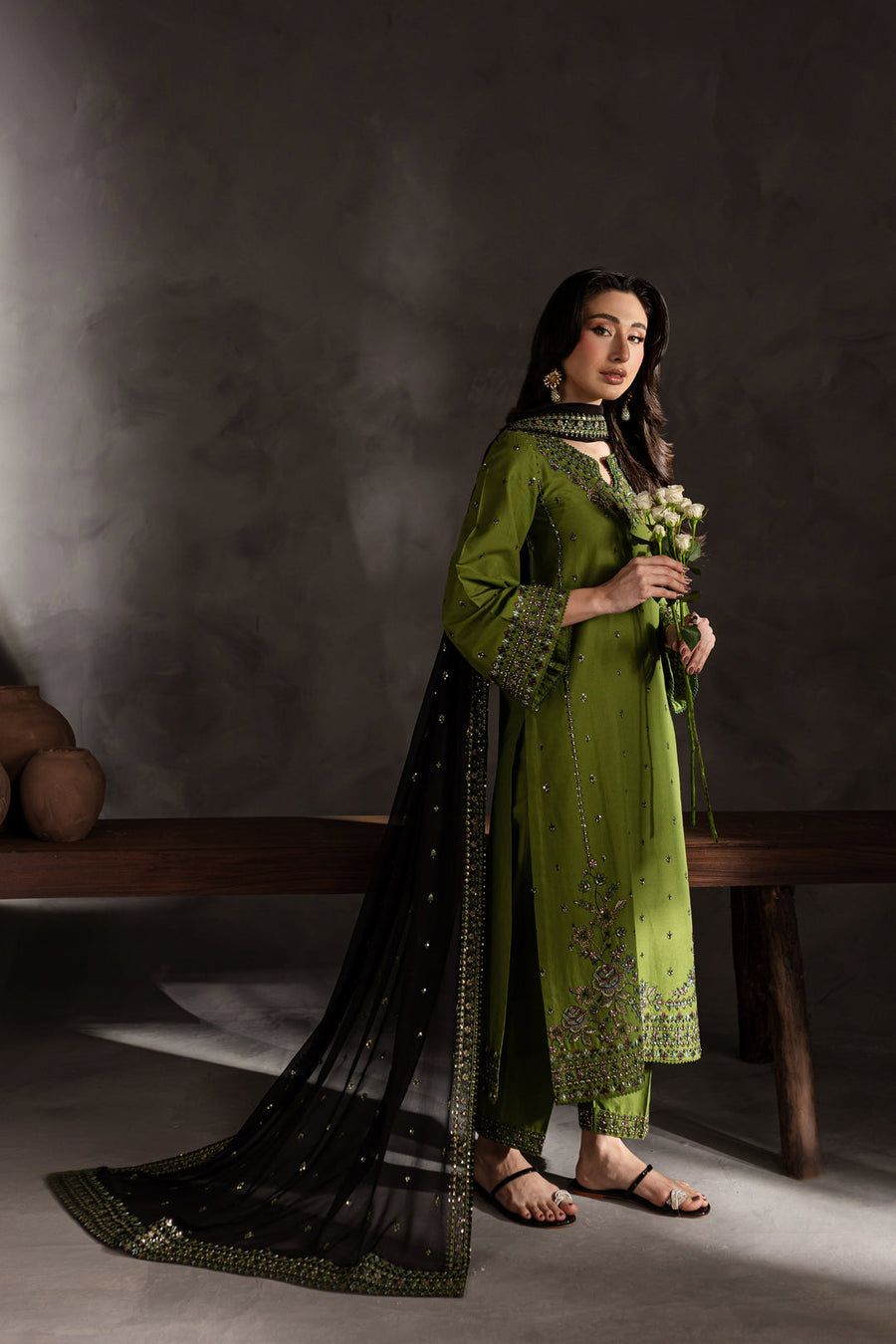 Mehrun – Olive Stitched 3 Piece Embroidered Suit