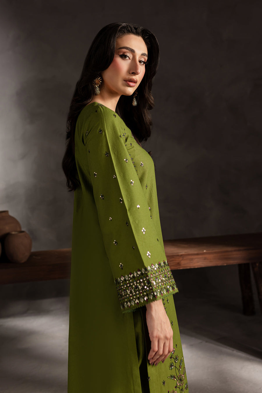 Mehrun – Olive Stitched 3 Piece Embroidered Suit