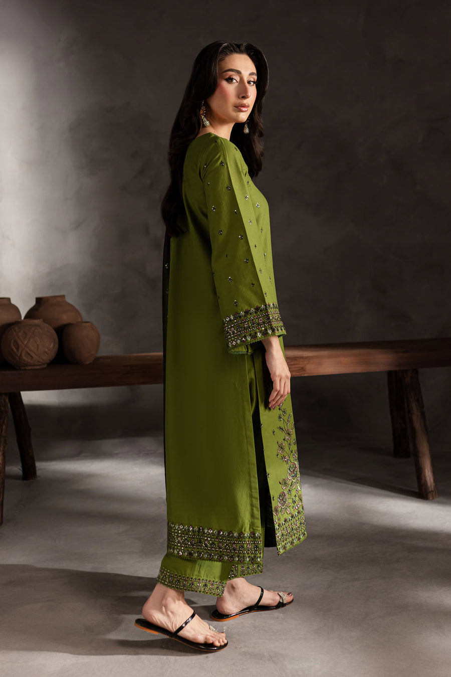 Mehrun – Olive Stitched 3 Piece Embroidered Suit