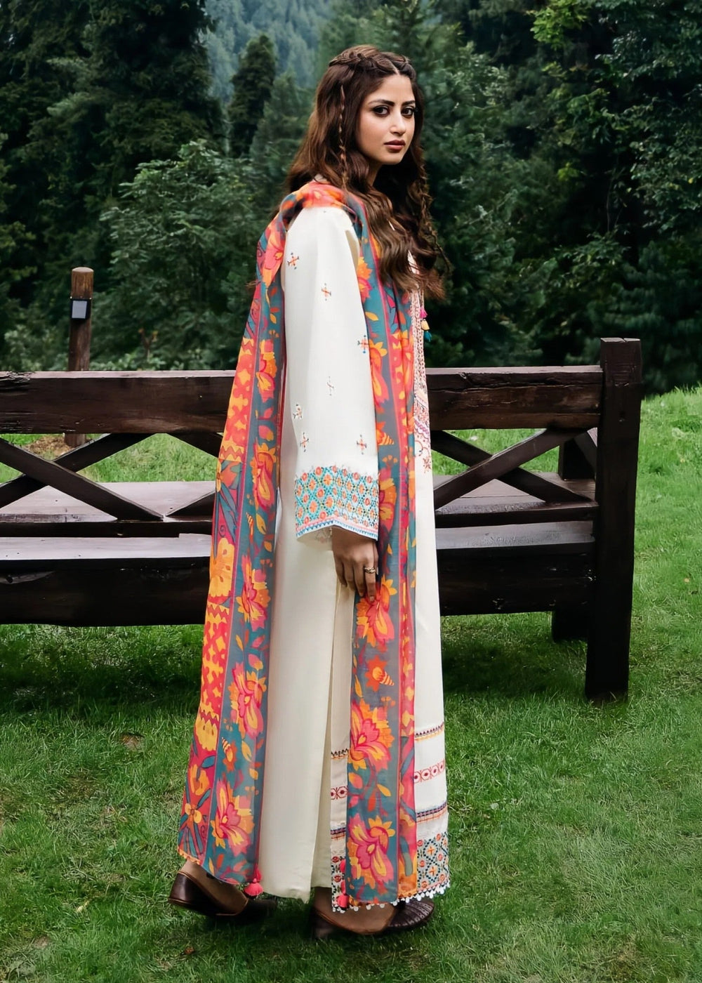 Gulnaar – Cream Stitched 3 Piece Embroidered Suit