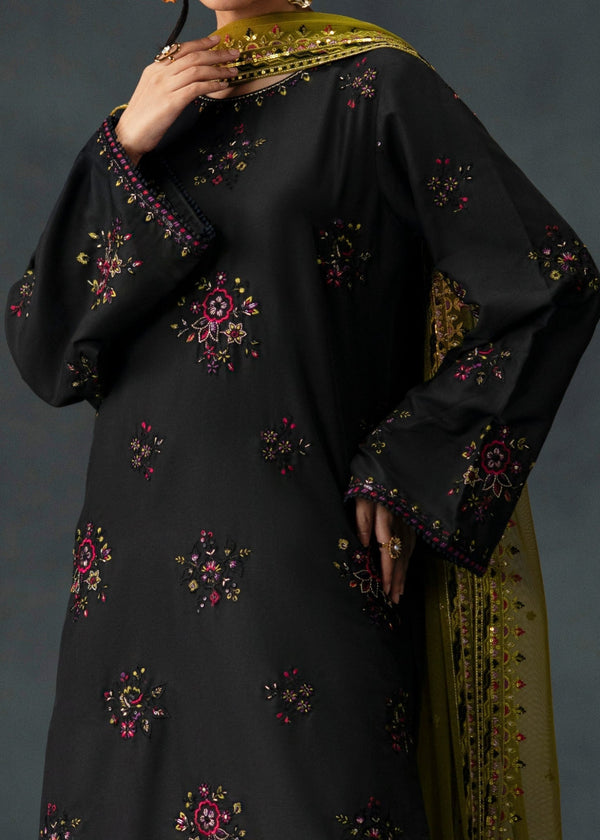 Noir Zara – Black Embroidered Linen 3-Piece Set with Net Dupatta