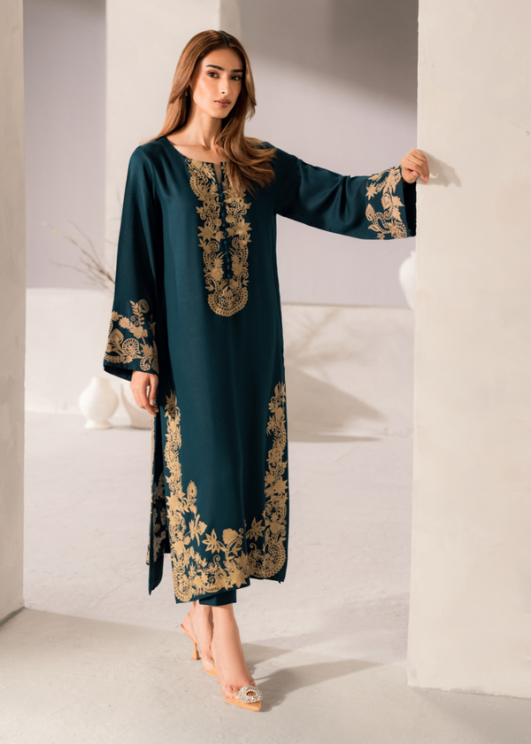 Evara – Teal & Gold Embroidered Linen 3-Piece Set