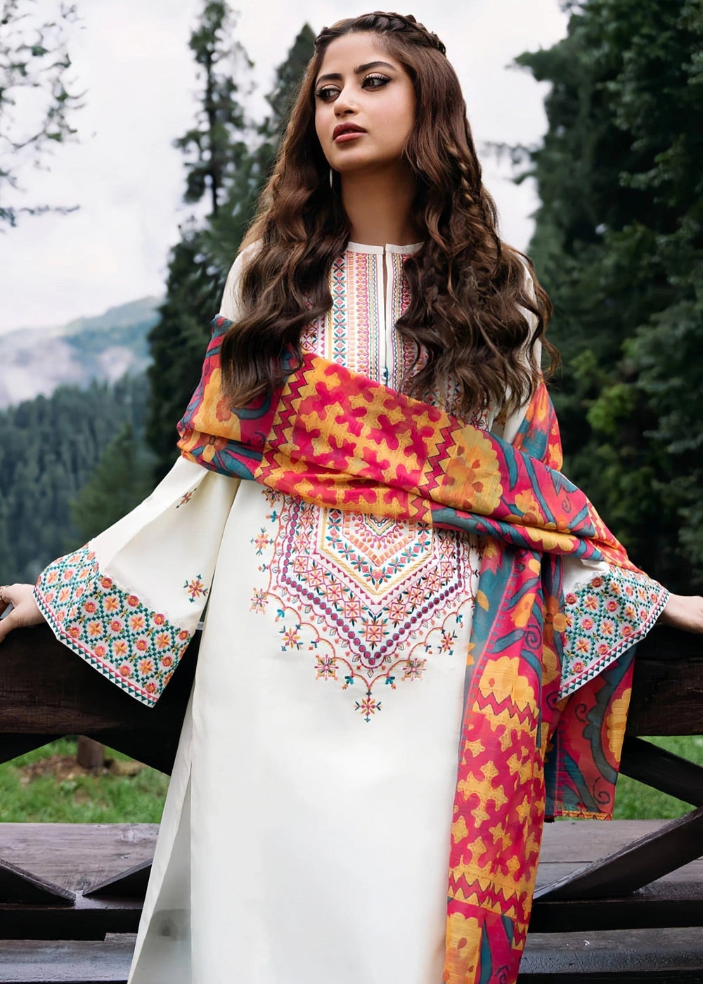 Gulnaar – Cream Stitched 3 Piece Embroidered Suit