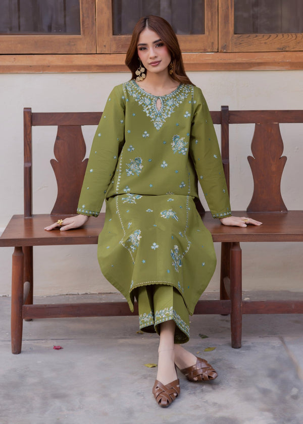 Naira – Minimal Olive Embroidered 2 Piece