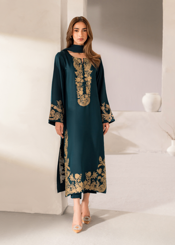 Evara – Teal & Gold Embroidered Linen 3-Piece Set